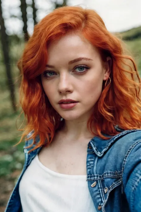 beautiful ginger woman, <lora:janelevy:0.8>, red hair, faded blue jeans, white top, selfie, full body shot, RAW candid cinema, 16mm, color graded portra 400 film, remarkable color, ultra realistic, textured skin, remarkable detailed pupils, realistic dull skin noise, visible skin detail, skin fuzz, dry skin, shot with cinematic camera