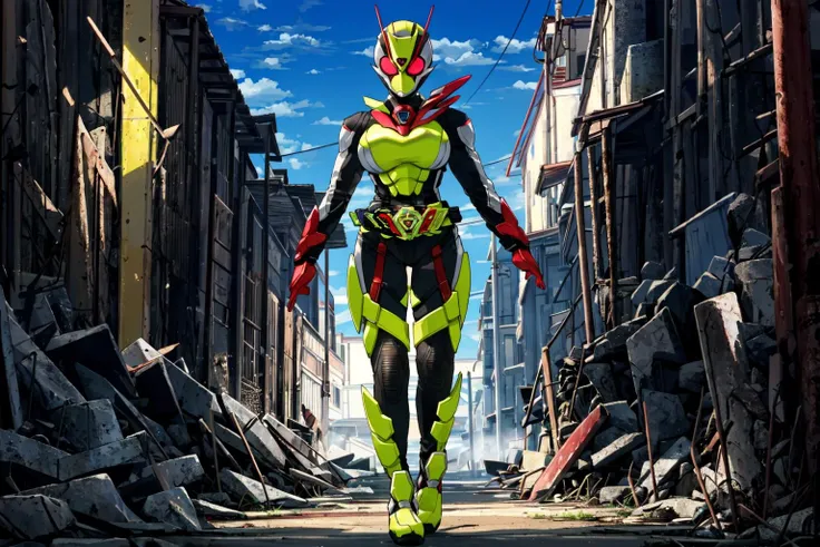 ((masterpiece,best quality)),kamen rider zero two, kamen rider, tokusatsu, rider belt, glowing red eyes,2 people, (((1girl, mature female,(large breasts),narrow waist,wide hips,thighs,short,legs together), (1boy,tall,muscular,legs apart))), looking at viewer, standing, full body, armor, red gloves, ((skin tight bodysuit)), antennae, clenched hands, scarf, glowing,outdoor <lora:kamen_rider_zero_two_v2-11:0.69>