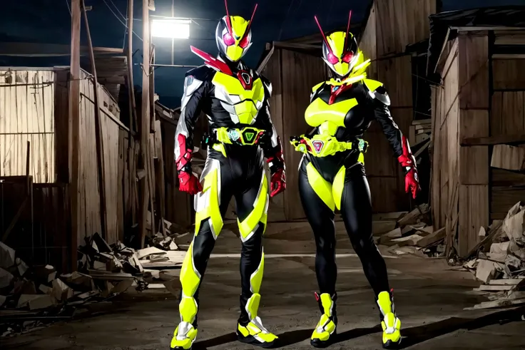 ((masterpiece,best quality)),kamen rider zero two, kamen rider, tokusatsu, rider belt, red eyes,2 people, (((1girl, mature female,(large breasts),narrow waist,wide hips,thighs,short,legs together), (1boy,tall,muscular,legs apart))), looking at viewer, standing, full body, armor, red gloves, (skin tight bodysuit), antennae, clenched hands, scarf, glowing,outdoor <lora:kamen_rider_zero_two-10:0.7>