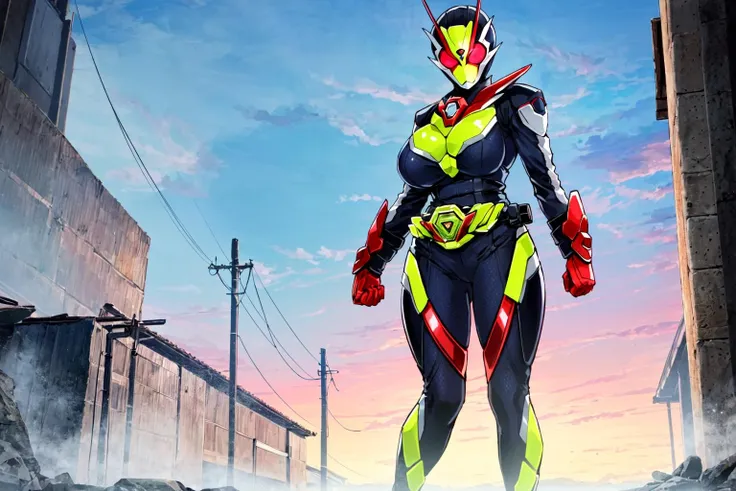 ((masterpiece,best quality)),kamen rider zero two, kamen rider, tokusatsu, rider belt, glowing red eyes,2 people, (((1girl, mature female,(large breasts),narrow waist,wide hips,thighs,short,legs together), (1boy,tall,muscular,legs apart))), looking at viewer, standing, full body, armor, red gloves, ((skin tight bodysuit)), antennae, clenched hands, scarf, glowing,outdoor <lora:kamen_rider_zero_two_v2-11:0.69>