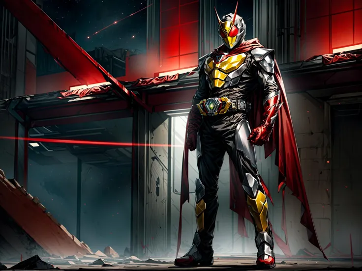 (8k),(masterpiece),(Japanese),(8-year-old boy),((innocent look)),((Childish)),From the front,smile,cute,Innocent,Kind eyes,Flat chest,black helmet,white domino mask,red cape,spawn,short,Black Hair,Strong wind,night,dark, Neon light cyberpunk city,Kamen rider,camisa