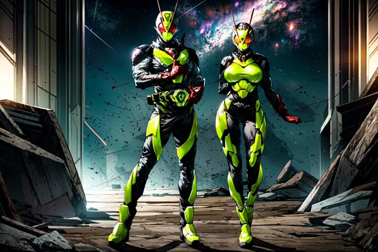 ((masterpiece,best quality)),kamen rider zero two, kamen rider, tokusatsu, rider belt, glowing red eyes,1girl,1boy, (((1girl, mature female,(large breasts),narrow waist,wide hips,thighs), (1boy,tall,muscular))), looking at viewer, standing, full body, silver armor, red gloves, ((skin tight bodysuit)), antennae, clenched hands, scarf, glowing,space,satellite in the background <lora:kamen_rider_zero_two_v2-11:0.69> <lora:add_detail:0.7>