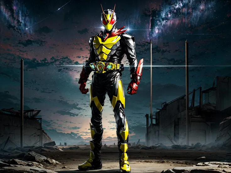 ((masterpiece,best quality)),cinematic lighting,kamen rider zero two, kamen rider, tokusatsu, rider belt, red eyes, solo, 1boy,muscular, male focus, looking at viewer, standing, arms crossed,dynamic pose,full body, silver armor, red gloves, silver boots,bodysuit, antennae, clenched hands, scarf, glowing, space,satellite in the background <lora:kamen_rider_zero_two_v2-11:0.6> <lora:add_detail:0.7>