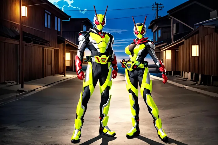 ((masterpiece,best quality)),kamen rider zero two, kamen rider, tokusatsu, rider belt, red eyes,2 people, (((1girl, mature female,(large breasts),narrow waist,wide hips,thighs,short,legs together), (1boy,tall,muscular,legs apart))), looking at viewer, standing, full body, armor, red gloves, (skin tight bodysuit), antennae, clenched hands, scarf, glowing,outdoor <lora:kamen_rider_zero_two-10:0.7>