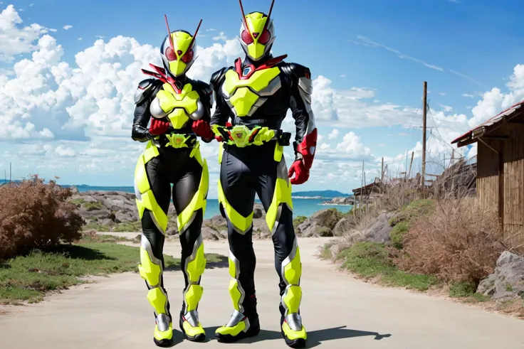 ((masterpiece,best quality)),kamen rider zero two, kamen rider, tokusatsu, rider belt, red eyes,2 people, (((1girl, mature female,large breasts,narrow waist,wide hips,thighs,short,legs together), (1boy,tall,muscular,legs apart))), looking at viewer, standing, full body, armor, red gloves, (skin tight bodysuit), antennae, clenched hands, scarf, glowing,outdoor <lora:kamen_rider_zero_two-10:0.7>