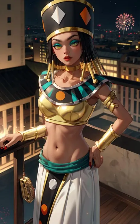 ((masterpiece,best quality)),(highres), night,
Dress_DragonBallSuper_Heles_ownwaifu,
1girl, hat, eyeshadow, green eyes, long hair, dreadlocks, dark skin, black hair, dark-skinned female, makeup, lipstick, navel, mole under eye, breasts, medium breasts, collarbone, groin, jewelry, bracelet, nail polish, armlet, red lips, no pupils, neck ring, yellow choker, colored skin,
midriff, bracer, choker, crop top, white skirt, long skirt, white pants,
<lora:ANIME_DragonBallSuper_Heles_ownwaifu:1> ,
balcony, aerial fireworks, vanishing point, depth_of_field, scenery, solo, cowboy shot, looking at viewer, absurdres,