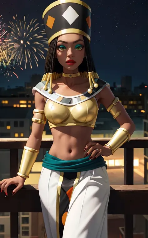 ((masterpiece,best quality)),(highres), night,
Dress_DragonBallSuper_Heles_ownwaifu,
1girl, hat, eyeshadow, green eyes, long hair, dreadlocks, dark skin, black hair, dark-skinned female, makeup, lipstick, navel, mole under eye, breasts, medium breasts, collarbone, groin, jewelry, bracelet, nail polish, armlet, red lips, no pupils, neck ring, yellow choker, colored skin,
midriff, bracer, choker, crop top, white skirt, long skirt, white pants,
<lora:ANIME_DragonBallSuper_Heles_ownwaifu:0.9> ,
balcony, aerial fireworks, vanishing point, depth_of_field, scenery, solo, cowboy shot, looking at viewer, absurdres,