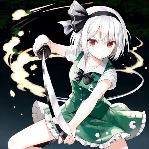 1girl, konpaku youmu, machete, riverside