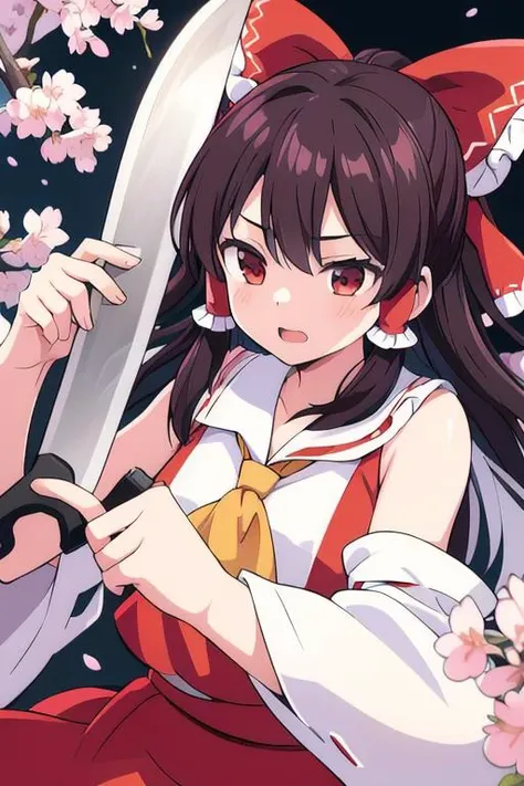 1girl, hakurei reimu, cherry blossoms, machete <lora:machete:0.8>