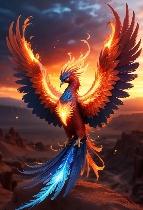 (medium full shot) of a mystical phoenix with blazing blue plumage glowing brilliantly, ethereal wings unfurled majestically, a glowing tail trailing flames,  ethereal talons glinting, glowing bracelets, rising from the ashes, set in  a blazing sunset, with hues of orange, red, gold, casting a fiery glow over the landscape , ,Masterpiece,best quality, raw photo, realistic, very aesthetic