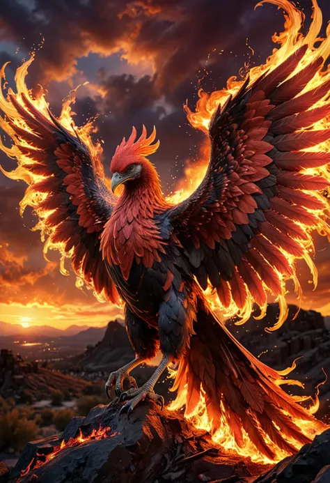 (medium full shot) of a resplendent phoenix with crimson red plumage glowing brilliantly, blazing wings unfurled majestically, a trail of flames trailing flames,  glowing claws glinting, a sash of sparks, rising from the ashes, set in  a dramatic sunset, with intense colors, long shadows, a captivating, ethereal quality , ,Masterpiece,best quality, photo, realistic, very aesthetic, detailed face,