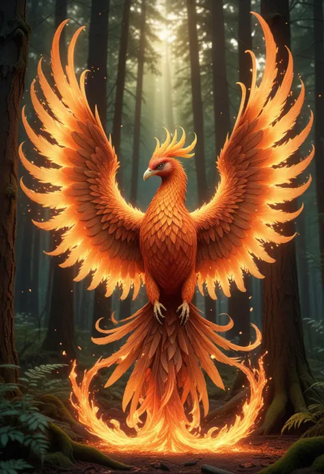 (medium full shot) of a radiant phoenix with fiery orange plumage glowing brilliantly, blazing wings unfurled majestically, a shimmering tail trailing flames,  fiery talons glinting, a crown of flames, spreading its wings in a burst of flames, set in  an enchanted forest, with glowing flora, ethereal light, an air of mystery , amidst a burst of flames, Masterpiece,best quality, photo, realistic, very aesthetic, detailed face,