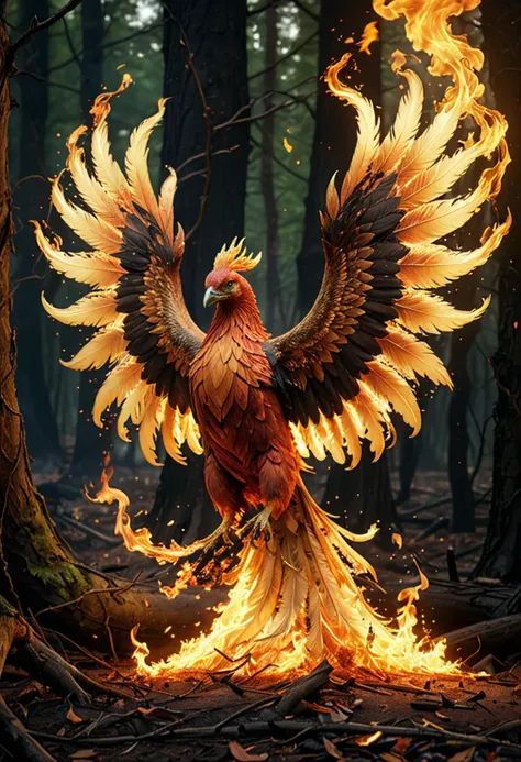 (medium full shot) of a fierce phoenix with radiant gold plumage glowing brilliantly, glowing wings unfurled majestically, a trail of flames trailing flames,  radiant claws glinting, glowing anklets, soaring through the sky, set in  a blazing forest, with burning trees, glowing embers, a sense of powerful transformation , with glowing embers in the air, ,Masterpiece,best quality, photo, realistic, very aesthetic, detailed face,