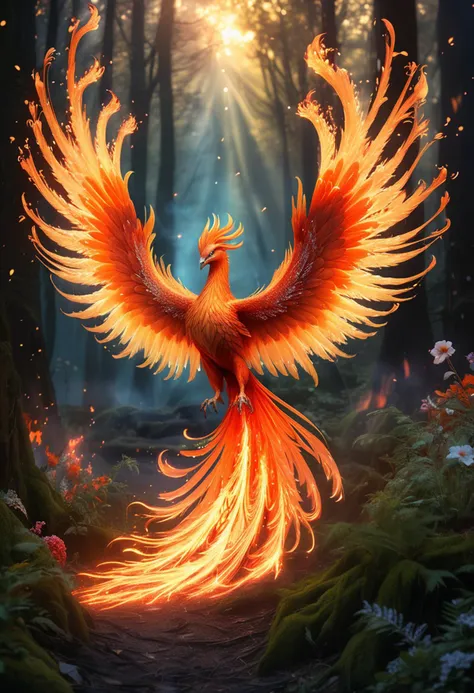 (medium full shot) of a majestic phoenix with fiery orange plumage glowing brilliantly, shimmering wings unfurled majestically, a trail of flames trailing flames,  ethereal talons glinting, a sash of sparks, circling majestically, set in  an enchanted forest, with glowing flora, ethereal light, an air of mystery , amidst a burst of flames, ,Masterpiece,best quality, raw photo, realistic, very aesthetic