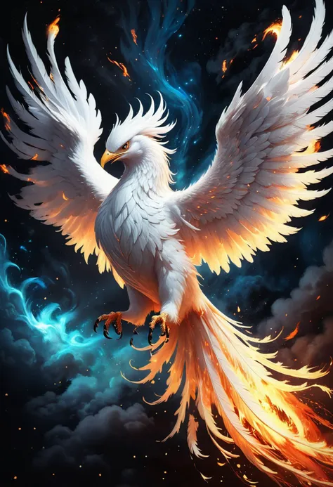 (medium full shot) of a majestic phoenix with brilliant white plumage glowing brilliantly, radiant wings unfurled majestically, a trail of flames trailing flames,  shimmering claws glinting, a necklace of embers, soaring through the sky, set in  a mystical night sky, with auroras, shimmering stars, an otherworldly ambiance , amidst a burst of flames, ,Masterpiece,best quality, raw photo, realistic, very aesthetic, dark