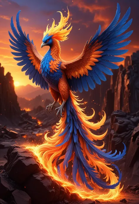 (medium full shot) of a fiery phoenix with blazing blue plumage glowing brilliantly, glowing wings unfurled majestically, an ethereal tail trailing flames,  fiery talons glinting, a belt of molten lava, rising from the ashes, set in  a dramatic sunset, with intense colors, long shadows, a captivating, ethereal quality , with a trail of sparks, Masterpiece,best quality, photo, realistic, very aesthetic, detailed face,