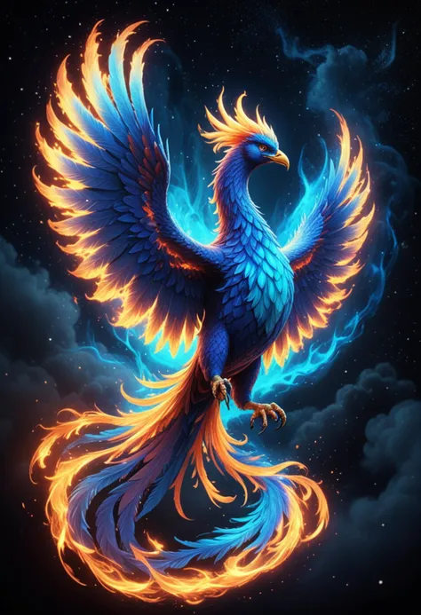 (medium full shot) of a ethereal phoenix with blazing blue plumage glowing brilliantly, glowing wings unfurled majestically, a trail of flames trailing flames,  glowing claws glinting, glowing anklets, soaring through the sky, set in  a mystical night sky, with auroras, shimmering stars, an otherworldly ambiance , amidst a burst of flames, Masterpiece,best quality, photo, realistic, very aesthetic, detailed face,