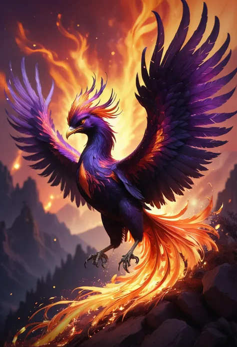 (medium full shot) of a resplendent phoenix with deep purple plumage glowing brilliantly, ethereal wings unfurled majestically, a shimmering tail trailing flames,  radiant claws glinting, a crown of flames, spreading its wings in a burst of flames, set in  a blazing sunset, with hues of orange, red, gold, casting a fiery glow over the landscape , with a trail of sparks, ,Masterpiece,best quality, raw photo, realistic, very aesthetic, dark