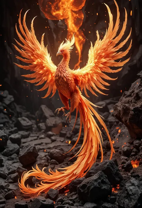 (medium full shot) of a radiant phoenix with fiery orange plumage glowing brilliantly, glowing wings unfurled majestically, a radiant tail trailing flames,  fiery talons glinting, glowing bracelets, diving through a blaze, set in  a dormant volcano, with charred rocks, ash-covered ground, a mysterious atmosphere , with glowing embers in the air, ,Masterpiece,best quality, photo, realistic, very aesthetic