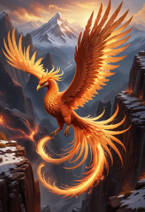 (medium full shot) of a fiery phoenix with radiant gold plumage glowing brilliantly, ethereal wings unfurled majestically, a shimmering tail trailing flames,  fiery talons glinting, a belt of molten lava, diving through a blaze, set in  a majestic mountain peak, with rugged terrain, snow-capped summits, a breathtaking view , with a trail of sparks, Masterpiece,best quality, photo, realistic, very aesthetic, detailed face,