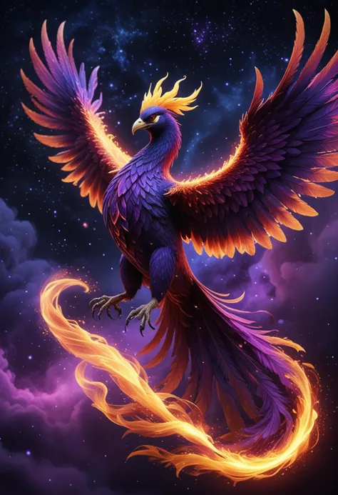 (medium full shot) of a mythical phoenix with deep purple plumage glowing brilliantly, glowing wings unfurled majestically, a blazing plume trailing flames,  glowing claws glinting, a necklace of embers, gliding gracefully, set in  a mystical night sky, with auroras, shimmering stars, an otherworldly ambiance , with glowing embers in the air, Masterpiece,best quality, photo, realistic, very aesthetic, detailed face,