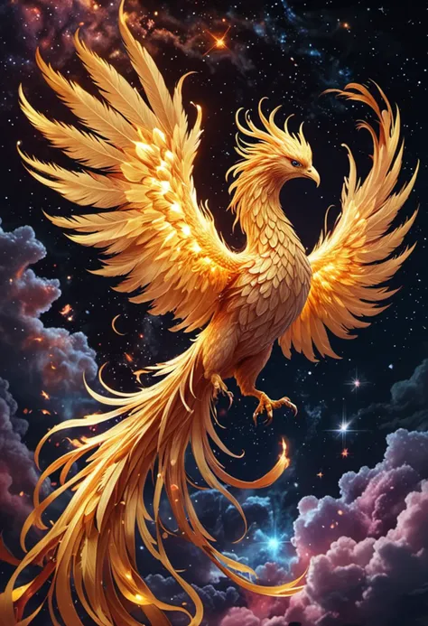 (medium full shot) of a ethereal phoenix with golden yellow plumage glowing brilliantly, glowing wings unfurled majestically, a shimmering tail trailing flames,  blazing talons glinting, a fiery plume, soaring through the sky, set in  a vibrant night sky, with shooting stars, colorful nebulas, a sense of wonder and awe , ,Masterpiece,best quality, photo, realistic, very aesthetic