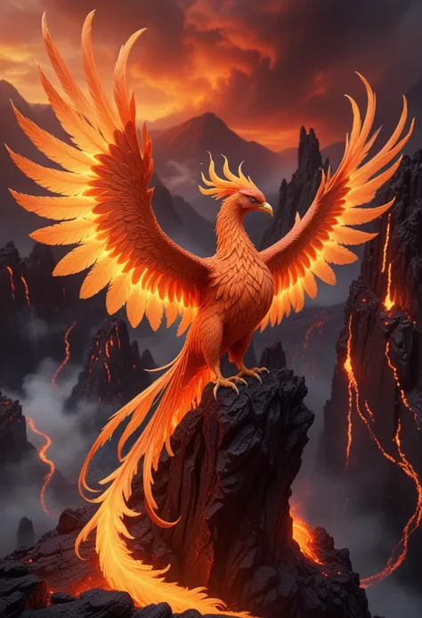 (medium full shot) of a resplendent phoenix with fiery orange plumage glowing brilliantly, ethereal wings unfurled majestically, an ethereal tail trailing flames,  shimmering claws glinting, glowing bracelets, perched on a fiery perch, set in  a volcanic mountain, with glowing lava, ash clouds, an intense, powerful presence , Masterpiece,best quality, photo, realistic, very aesthetic, detailed face,