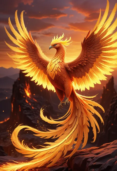 (medium full shot) of a radiant phoenix with golden yellow plumage glowing brilliantly, ethereal wings unfurled majestically, a glowing tail trailing flames,  shimmering claws glinting, a belt of molten lava, gliding gracefully, set in  a serene sunset, with soft, warm colors, a tranquil, yet majestic atmosphere , with a trail of sparks, Masterpiece,best quality, photo, realistic, very aesthetic, detailed face,