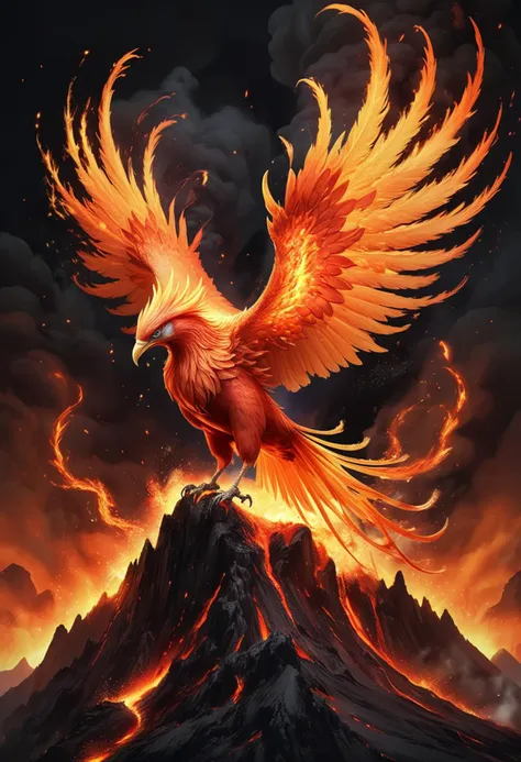 (medium full shot) of a fierce phoenix with fiery orange plumage glowing brilliantly, radiant wings unfurled majestically, a blazing plume trailing flames,  shimmering claws glinting, a crown of flames, circling majestically, set in  an erupting volcano, with explosive bursts of lava, thick smoke, an apocalyptic scene , with a trail of sparks, ,Masterpiece,best quality, raw photo, realistic, very aesthetic, dark