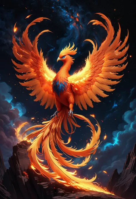 (medium full shot) of a majestic phoenix with fiery orange plumage glowing brilliantly, radiant wings unfurled majestically, a blazing plume trailing flames,  blazing talons glinting, a necklace of embers, perched on a fiery perch, set in  a vibrant night sky, with shooting stars, colorful nebulas, a sense of wonder and awe , with a trail of sparks, ,Masterpiece,best quality, raw photo, realistic, very aesthetic, dark