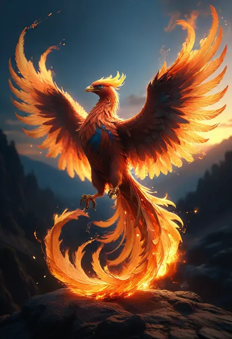 (medium full shot) of a mythical phoenix with blazing blue plumage glowing brilliantly, fiery wings unfurled majestically, a radiant tail trailing flames,  ethereal talons glinting, glowing anklets, spreading its wings in a burst of flames, set in  a blazing sunset, with hues of orange, red, gold, casting a fiery glow over the landscape , ,Masterpiece,best quality, photo, realistic, very aesthetic, dark