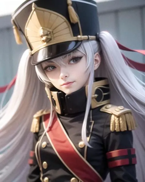 phwhiteguard, depth of field,  1girl, blue hair, twintails, hatsune miku, cape, open clothes,  red hat ,adult, cosplay, black uniform, , <lora:drozd-000004:1>, (masterpiece, best quality), intricate details, 8k, artstation, wallpaper, official art, splash art, sharp focus