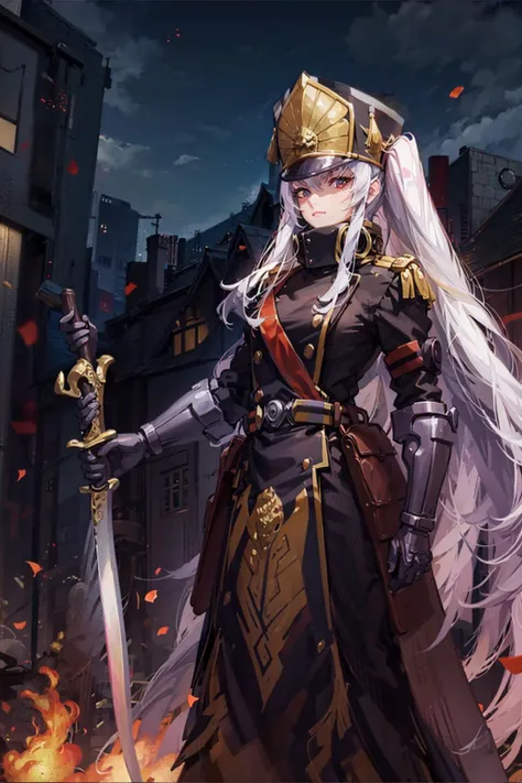 ((best quality)), ((masterpiece)), (detailed), realistic, <lora:AltairReCreators_v10:1>,1girl,standing in front of large house,holding sword
