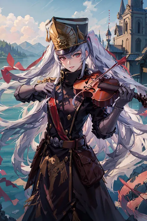 ((best quality)), ((masterpiece)), (detailed), realistic, <lora:AltairReCreators_v10:1>,1girl,holding violin,standing over lake, castle background,cowboy shot