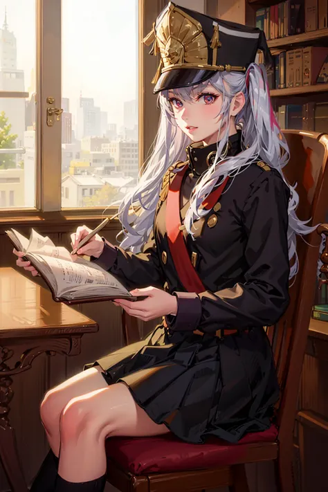 ((best quality)), ((masterpiece)), (detailed), realistic, <lora:AltairReCreators_v10:0.8>,1girl,(school uniform:1.2),sitting in library,reading book