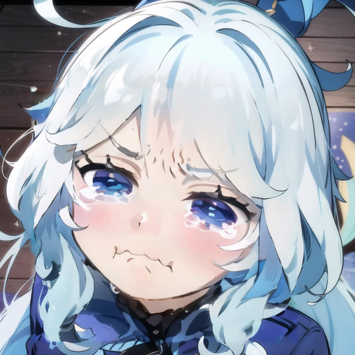 <lora:furina-focalors-v2d1x:1>,furina,<lora:hyouju_issei:1>,closed mouth,tears,wavy mouth,tearing up,pout,:i,meme,:t,parody,frown,v-shaped eyebrows,crying,sad,crying with eyes open,puffy cheeks,<lora:aqua_crying_meme:0.7>,,angle from above,Library,Halftone Effect,Polaroid Photography