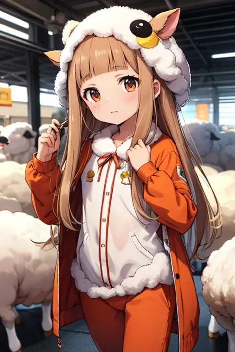 (masterpiece, best quality:1.1), 1girl solo, petite, flat chest, Ichihara Nina <lora:u149-v4.0:0.7>, animal costume, sheep costume, orange eyes,