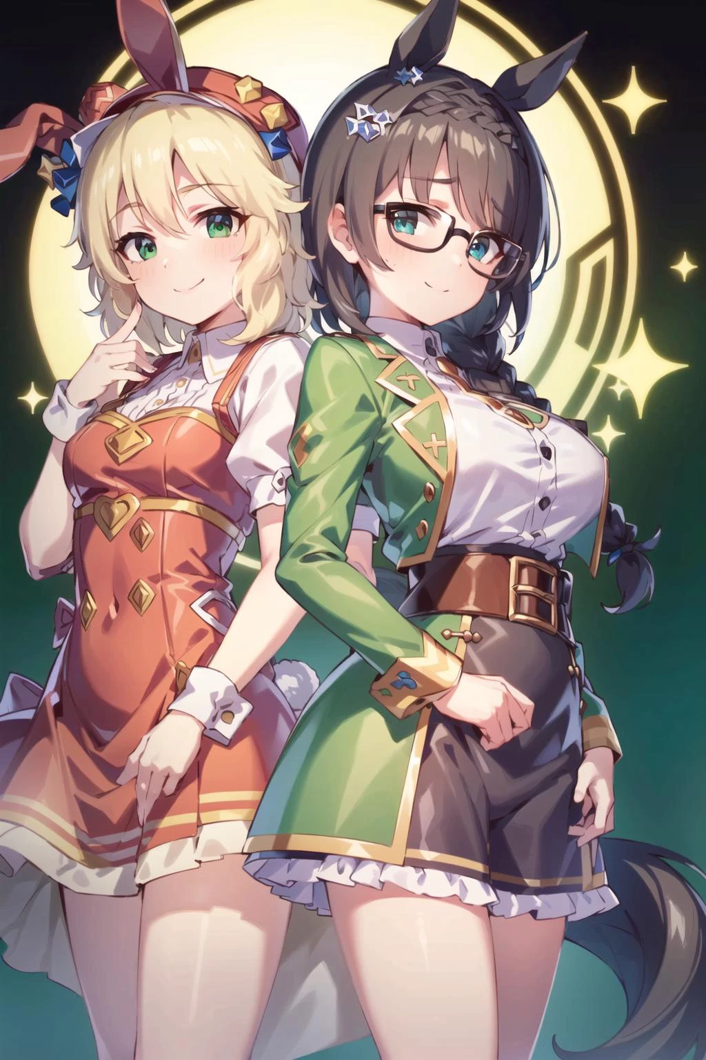 (masterpiece, high quality:1.2), best quality, (((((2grils))))), ultra-detailed, (((sfw))), outdoors, night, moonlight, neon signs, on street,
AND
(((((2grils))))), ultra-detailed, (((sfw))), (((Sakurai Momoka), pink dress, ((pink bunny hat)), small breasts, (short hair, blonde hair), blush, smile, green eyes)), <lora:u149-v4.0:0.8>,
AND
(((((2grils))))), ultra-detailed, (((sfw))), ((((Zenno Rob Roy)), black hair, smile, closed mouth, ear ornament, short hair, ((single braid)), horse ears, eyeglasses, green jacket, brown belt, ((horse tail)), large breasts, blue eyes, long sleeves)), detailed hand, etailed finger, ultra-detailed finger, back hug <lyco:zenno_rob_roy_loha:0.48>