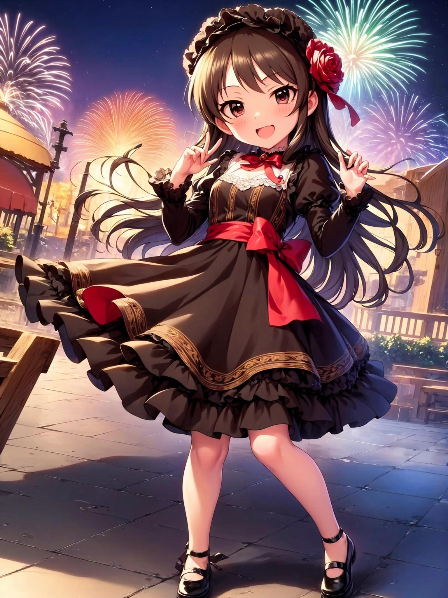 ((masterpiece)), (best quality), (ultra-detailed), intricate,
sfw,
outdoor, night, fireworks, amusement park, theme park, roses, flowers, castle,
full body, solo focus,
<lora:u149-v3.1:1>, tachibana arisu, long hair,
cute idol pose, ;D, colorful cute dress,