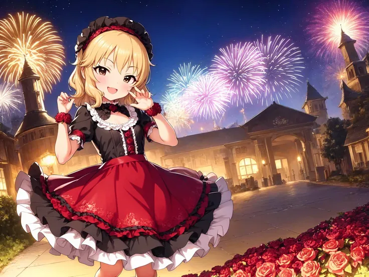 ((masterpiece)), (best quality), (ultra-detailed), intricate,
sfw,
outdoor, night, fireworks, amusement park, theme park, roses, flowers, castle,
full body, solo focus,
<lora:u149-v3.1:1>, sakurai momoka,
cute idol  pose, ;D, colorful cute dress,