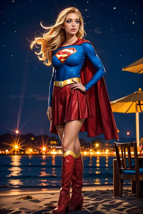 (ultra realistic,32k, masterpiece:1.2),(high detailed skin:1.1),( high quality:1.1),
<lora:supergirl:0.7>supergirl,blonde hair, long hair,sleepy, red cape, blue shirt, belt, blue skirt, knee boot, beach bar, liqor, cocktail, night, starry night, drink,,(looking at viewer, standing from below:1.1),, (huge breast,large breast:1.1),<lora:add_detail:0.76>,
(dense light rays:1.1),