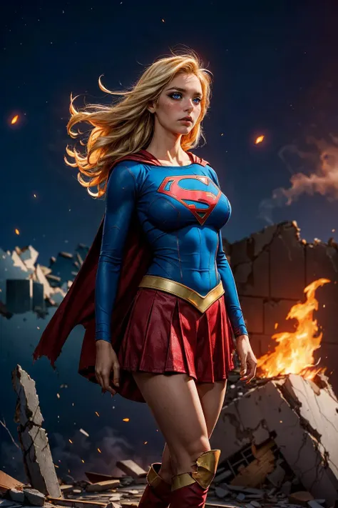 (ultra realistic,32k, masterpiece:1.2),(high detailed skin:1.1),( high quality:1.1),
<lora:supergirl:0.7>supergirl,blonde hair, long hair,pout, red cape, blue shirt, belt, blue skirt, knee boot, angry,v-shaped eyebrows, astral plane, mind-expanding experiences, cosmic landscapes, spiritual exploration ,(tattered torn clothing:1.1), destroyed buildings, collapsed buildings,(falling rocks,falling particles:1.1),fire, smoke,,(looking at viewer, standing:1.1),, (huge breast,large breast:1.2),<lora:add_detail:0.92>,
(ambient lighting:1.1),