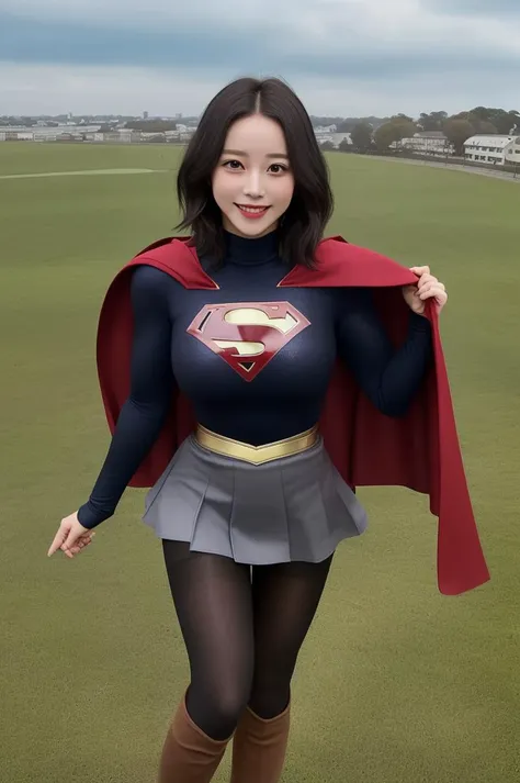 (8k, RAW photo, best quality, masterpiece:1.2), <lora:koreanDollLikeness_v15:0.65>, sky <lora:supergirl:0.6>,
supergirl,masterpiece, best quality,1girl,solo, black hair, short hair, blue shirt , cape , mature women, large breast,cleavage,red boot,knee boots ,red mini skirt , smile , happy ,blush, looking at viewer, (black pantyhose :1.3), (flying in the sky:1.5)