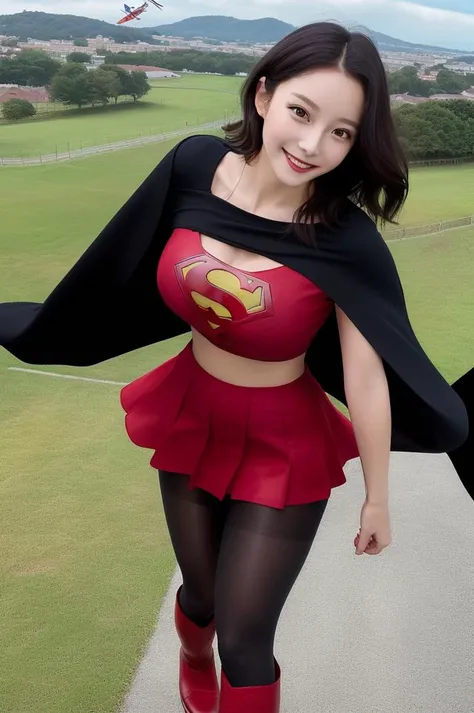 (8k, RAW photo, best quality, masterpiece:1.2), <lora:koreanDollLikeness_v15:0.65>, sky <lora:supergirl:0.6>,
supergirl,masterpiece, best quality,1girl,solo, black hair, short hair, blue shirt , cape , mature women, large breast,cleavage,red boot,knee boots ,red mini skirt , smile , happy ,blush, looking at viewer, (black pantyhose :1.3), (flying in the sky:1.5)