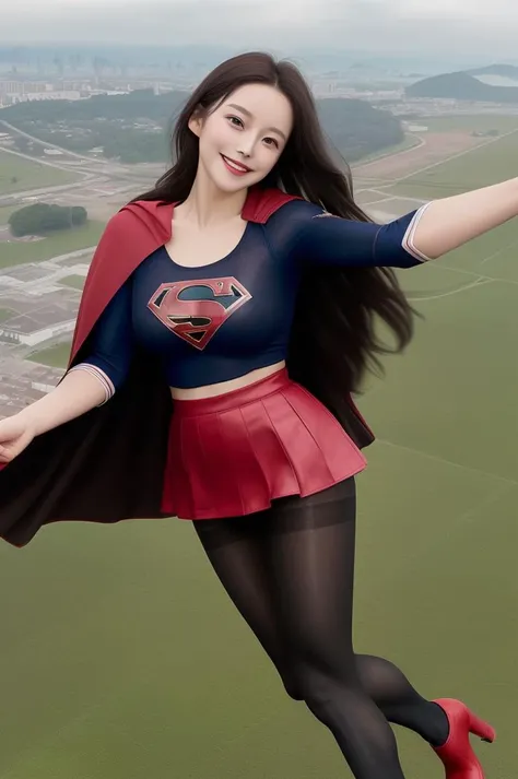 (8k, RAW photo, best quality, masterpiece:1.2), <lora:koreanDollLikeness_v15:0.65>, sky <lora:supergirl:0.6>,
supergirl,masterpiece, best quality,1girl,solo, black hair, short hair, blue shirt , cape , mature women, large breast,cleavage,red boot,knee boots ,red mini skirt , smile , happy ,blush, looking at viewer, (black pantyhose :1.3), (flying in the sky:1.5)
