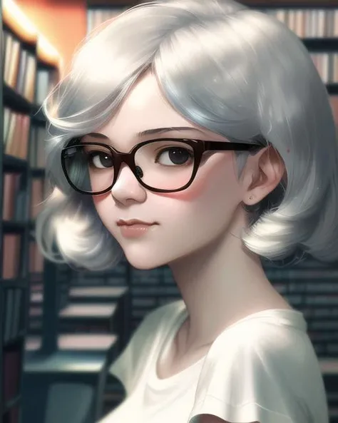 cyberpunk, portrait, (best quality:1.0), young 1girl, stunningly attractive, perfect feminine face, (cute:1.2), silver short wavy hair, (aroused:1.2), playful, (white t-shirts), library, detailed background, black eyes, highres, (closed mouth:1.1), dynamic angle, (cinematic lighting:1.2), (by Range Murata:1.0), (by Taka Tony:1.0), by Jeremy Lipking, glasses