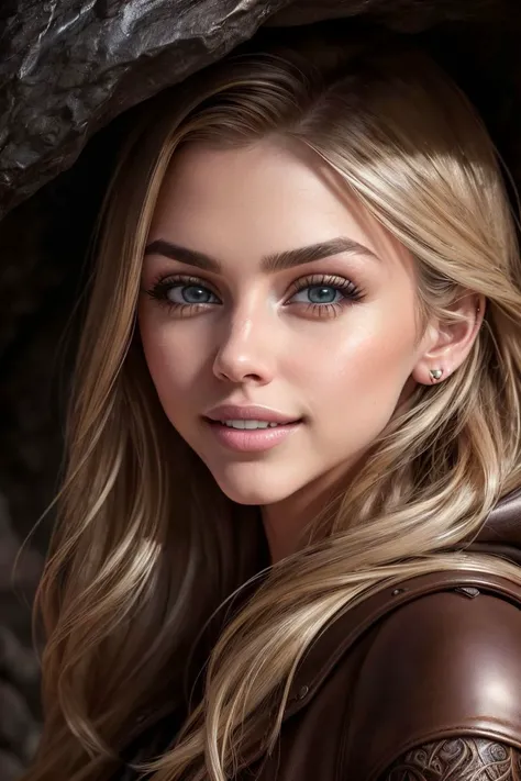 photo of S104_MarinaLaswick, a stunning woman, in a (dark-cave:1.2), wearing a (leather-coat:1.1), (smiling), (8k, RAW photo, best quality, depth of field, ultra high res:1.2), (absurdres, intricate, photorealistic, masterpiece, ultra-detailed, Unreal Engine:1.3)