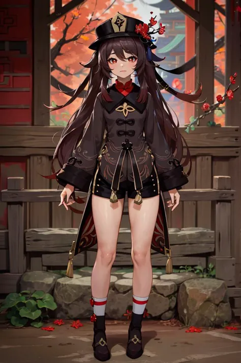 <lora:FemaleHeight:-2> full body, standing, <lora:Hu_Tao_Genshin:0.75> Hu_Tao_Genshin, 1girl, solo, long hair, red eyes, brown eyes, flower-shaped pupils, twintails, hu tao \(genshin impact\), hat, long sleeves, hat flower, jewelry, chinese clothes, shorts,, absurdres, ultra detailed, masterpiece, best quality, aesthetic, detailed,