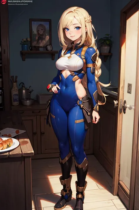 <lora:FemaleHeight:-3> full body, standing,, absurdres, ultra detailed, masterpiece, best quality, aesthetic, detailed,, solo, soft smile, light smile,
katya1, 1girl, blue eyes, very long hair, blonde hair, long blonde hair, french braid, bangs, medium breasts,