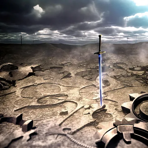 <lora:background_FateStayNightUBW_Backgrounds_v1:0.8>, fate/stay background, ruins, planted sword, cloudy, gears, dust, reality marble